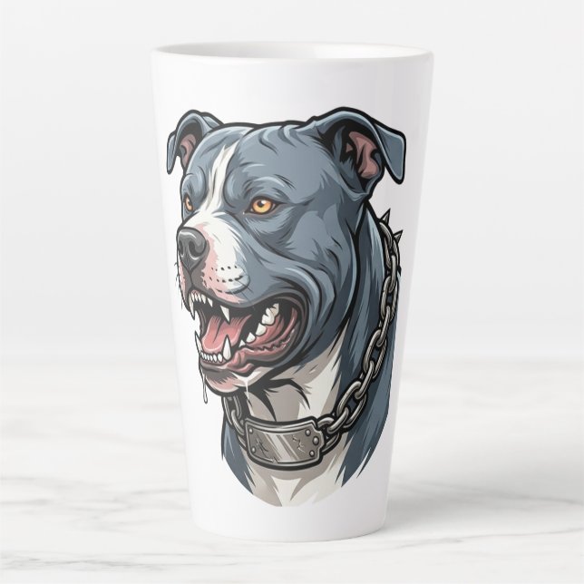 Caneca De Café Latte Feroz Pit Bull Cinza Azul com Colar de Cadeia com  (Frente)