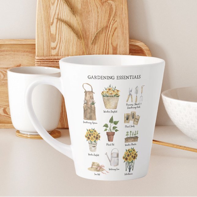 Caneca De Café Latte Ferramentas de jardinagem aquarela Jardim de giras (In situ)