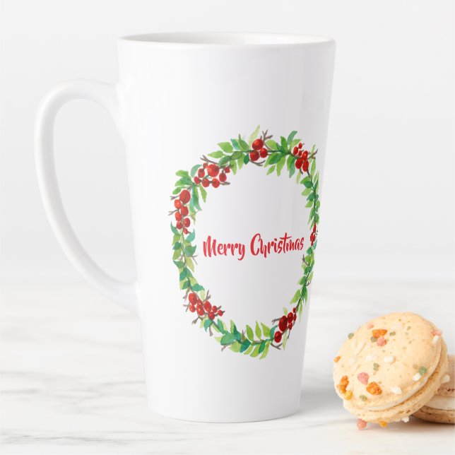 Caneca De Café Latte Festive Christmas wreath with red berries (In Situ)