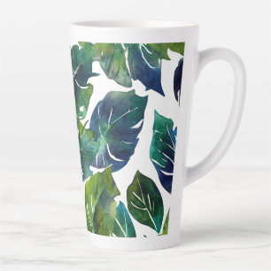 Caneca De Café Latte Filodendron Botânico de Folhagem Verde e Azul
