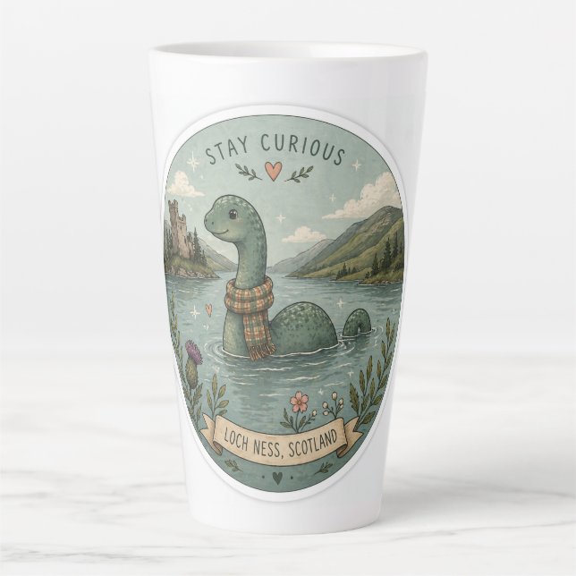 Caneca De Café Latte Fique Curioso Aconchegante Críptido Nessie Monstro (Frente)