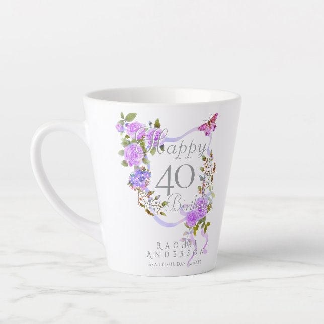 Caneca De Café Latte Fita de Rosa Roxa 40º Aniversário (Esquerda)