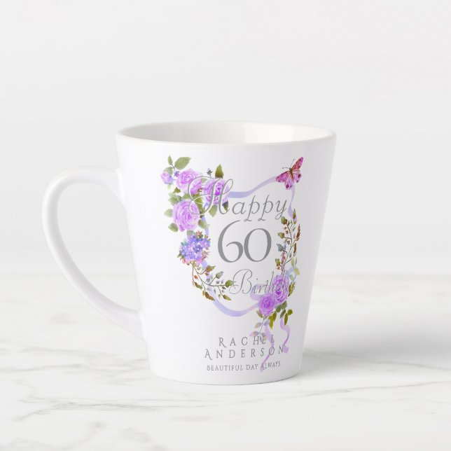 Caneca De Café Latte Fita de Rosa Roxa 60º Aniversário (Esquerda)