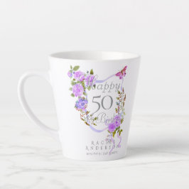 Caneca De Café Latte Fita de Rosa Roxa Aniversário de 50 anos