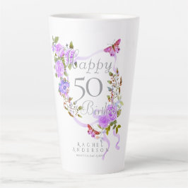 Caneca De Café Latte Fita de Rosa Roxa Aniversário de 50 anos