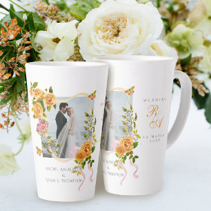 Caneca De Café Latte Fita Monograma Foto Casamento Rosa Dourada
