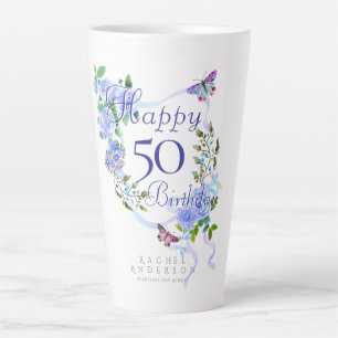 Caneca De Café Latte Fita Rosa Azul Aniversário de 50 anos