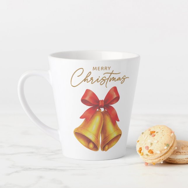 Caneca De Café Latte Fita Vermelha Clássica e Natal de Script Dourado (In Situ)
