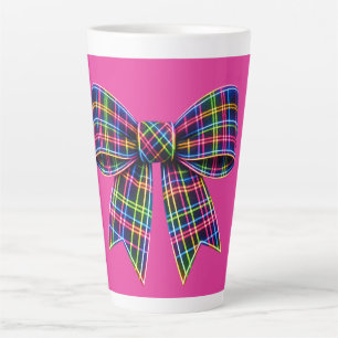 Caneca De Café Latte Fita Xadrez Arco Neon Rosa Escocesa Fofa