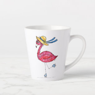 Caneca De Café Latte Flamingo Rosa Fofo e Caprichoso em Patins