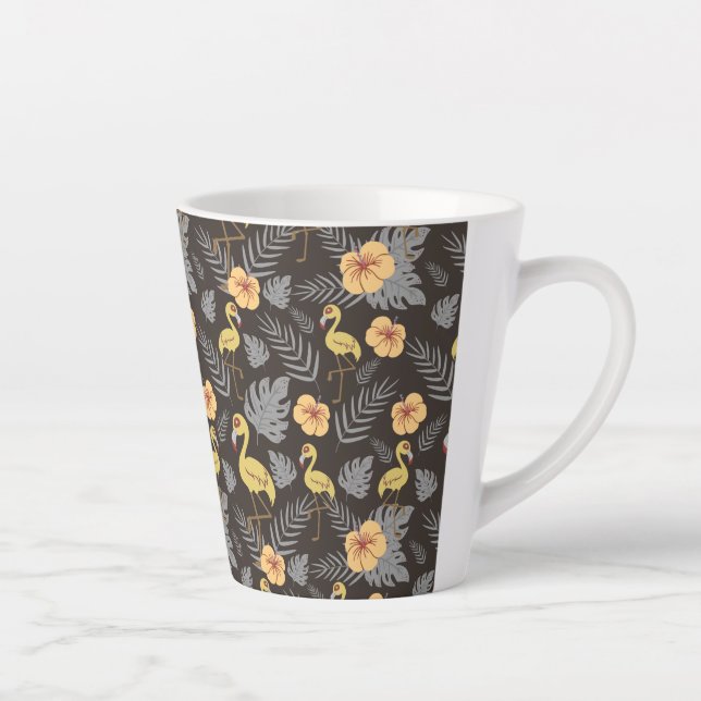 Caneca De Café Latte Flamingo sem costura, com flores e folhas (Direita)