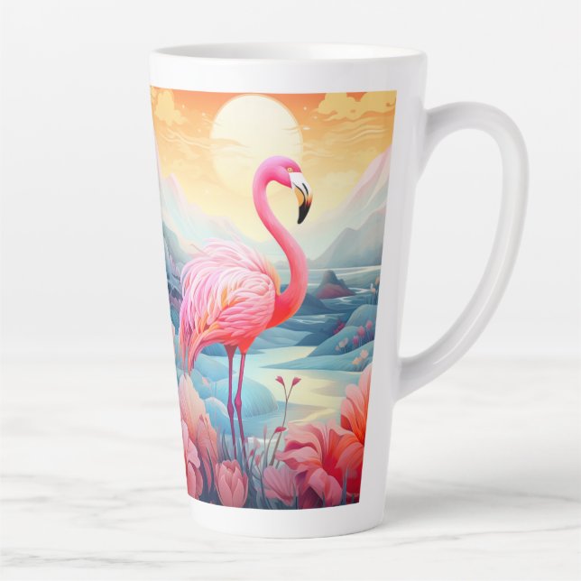Caneca De Café Latte Flamingo Tropical com Flores (Direita)