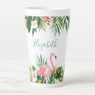 Caneca De Café Latte Flamingo Tropical de Aquarela Grande
