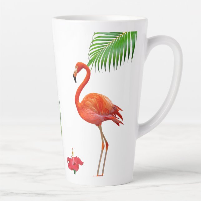 Caneca De Café Latte Flamingos, hibiscos e folhas de palmeira (Direita)