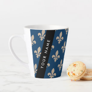 Caneca De Café Latte Fleur de Lis, Bege sobre Azul Marinho, Real, Seu N