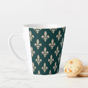 Caneca De Café Latte Fleur de Lis Pattern, Royal French Cream on Green