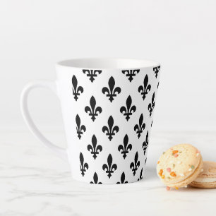 Caneca De Café Latte Fleur de Lis Pattern, Royal French, preto em branc