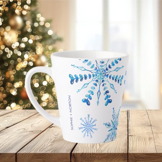 Caneca De Café Latte Flocos de neve azuis de inverno de Natal (Criador carregado)