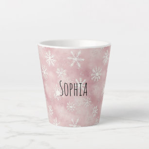 Caneca De Café Latte Flocos de Neve Rosa Branca Natal