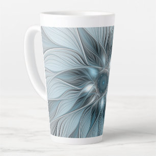 Caneca De Café Latte Flor Abstrata Alegre Azul Cinza Fractal Floral