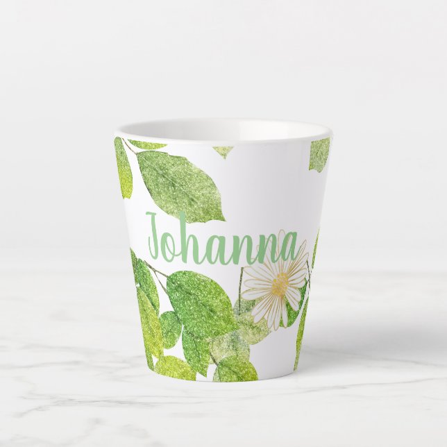 Caneca De Café Latte Flor Branco e Jardim de Folhas Verde (Frente)