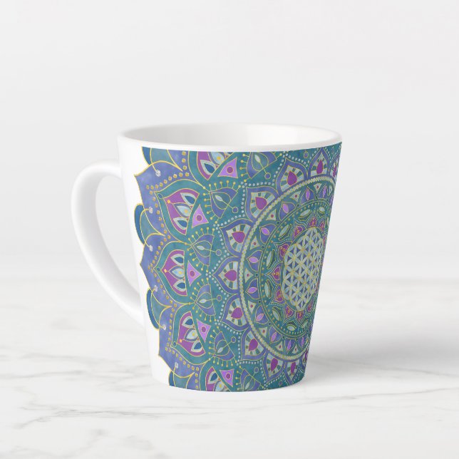 Caneca De Café Latte Flor Da Vida - Estilo De Mandala Índia 1 (Ângulo esquerdo)
