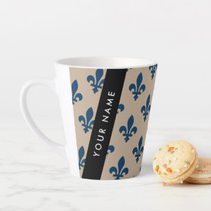 Caneca De Café Latte Flor de Lis, Azul Marinho em Bege, Real, Seu Nome