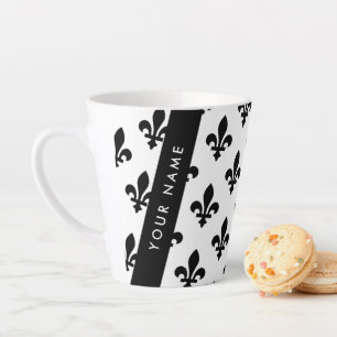 Caneca De Café Latte Flor de Lis, Preto sobre Branco, Preto, Seu Nome