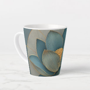 Caneca De Café Latte Flor de Lótus Azul e Dourado Linha Geométrica