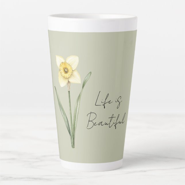 Caneca De Café Latte Flor de Narciso Amarelo Branco Verde (Frente)