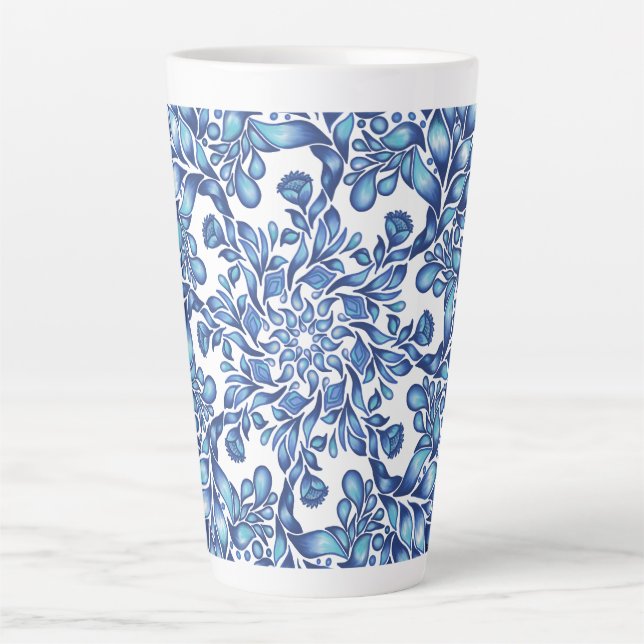Caneca De Café Latte Flor e mandala em azul (Frente)