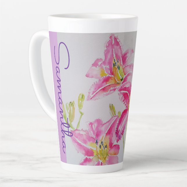 Caneca De Café Latte Flor Floral Lilium Floral Lilium, Rosa, Raparigas (Ângulo esquerdo)
