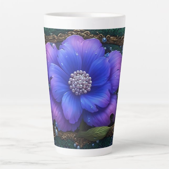 Caneca De Café Latte Flor Luxuosa Com Moldura Ornamentada (Frente)