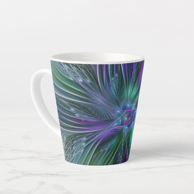 Caneca De Café Latte Flor Moderna Abstrata Fractal Roxa Verde (Ângulo esquerdo)