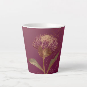 Caneca De Café Latte Flor Protea Dourada Bordô Ilustração Botânica