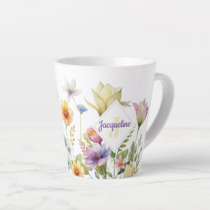 Caneca De Café Latte Flor Selvagem Colorida Monograma Ilustrada