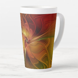 Caneca De Café Latte Flor verde-laranja-abstrato Vermelho Castanho-Cast