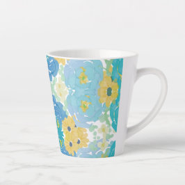 Caneca De Café Latte Floral Aquarela Azul e Amarelo