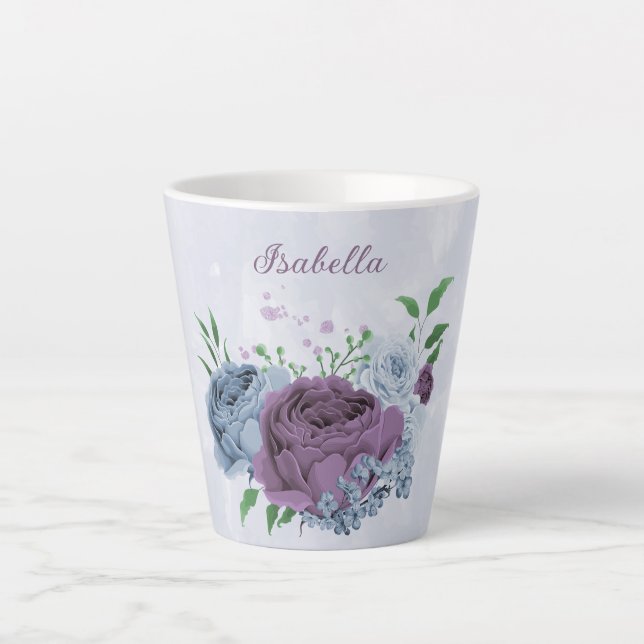 Caneca De Café Latte Floral azul poeirento roxo (Frente)