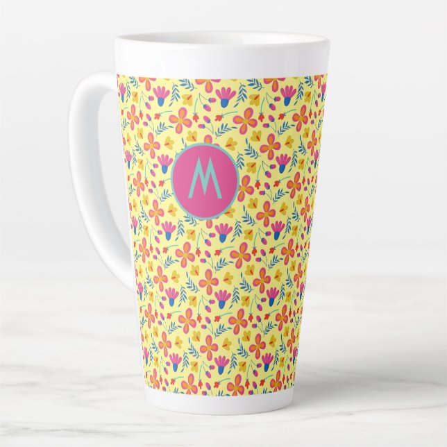 Caneca De Café Latte Floral de Fiesta Amarelo Personalizado Inicialment (Ângulo esquerdo)