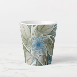 Caneca De Café Latte Floral Dream Pattern Abstrato Blue Khaki Fractal