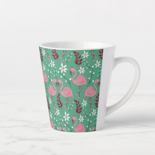 Caneca De Café Latte Floral flamingo sem costura, padrão rosa verde