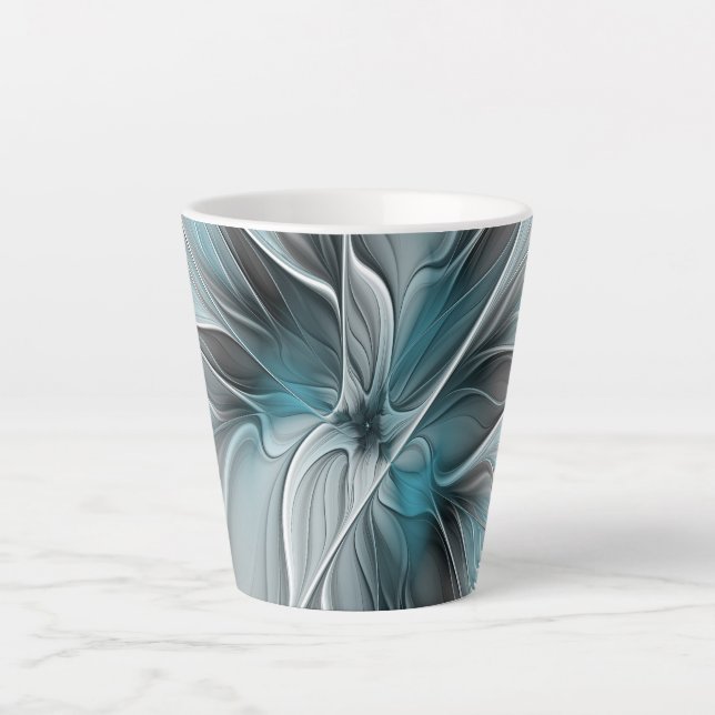Caneca De Café Latte Floral Fractal Moderno Abstrato Flor Azul Cinza (Frente)