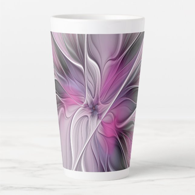 Caneca De Café Latte Floral Fractal Moderno Abstrato Flor Rosa Cinza (Frente)