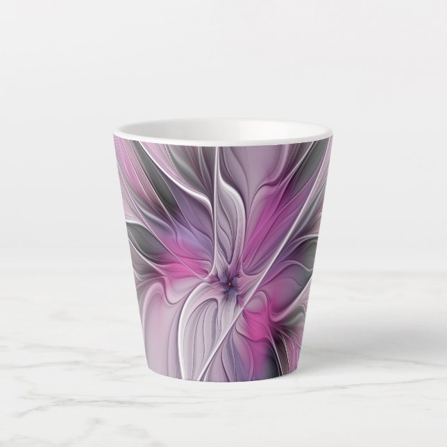 Caneca De Café Latte Floral Fractal Moderno Abstrato Flor Rosa Cinza (Frente)