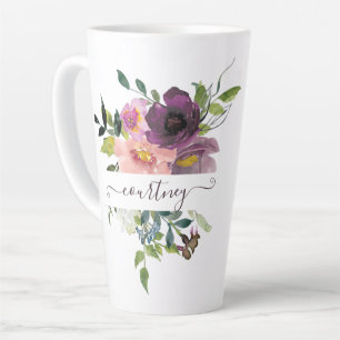 Caneca De Café Latte Floral personalizado com aquarela rosa e roxa