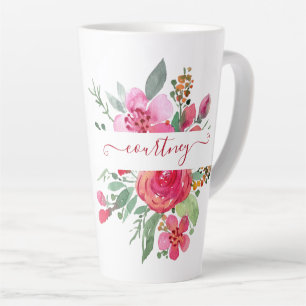 Caneca De Café Latte Floral personalizado em aquarela rosa
