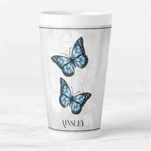 Caneca De Café Latte Floral Personalizado Latino da Borboleta Azul