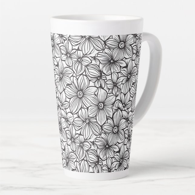 Caneca De Café Latte Floral Preto Branco (Ângulo direito)