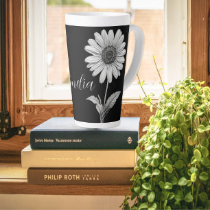 Caneca De Café Latte Floral preto e branco elegante